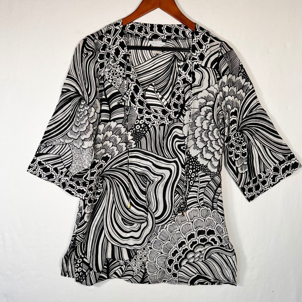 Trina Turk Women Black White Psychedelic Floral Cotton Silk Tunic Top Small